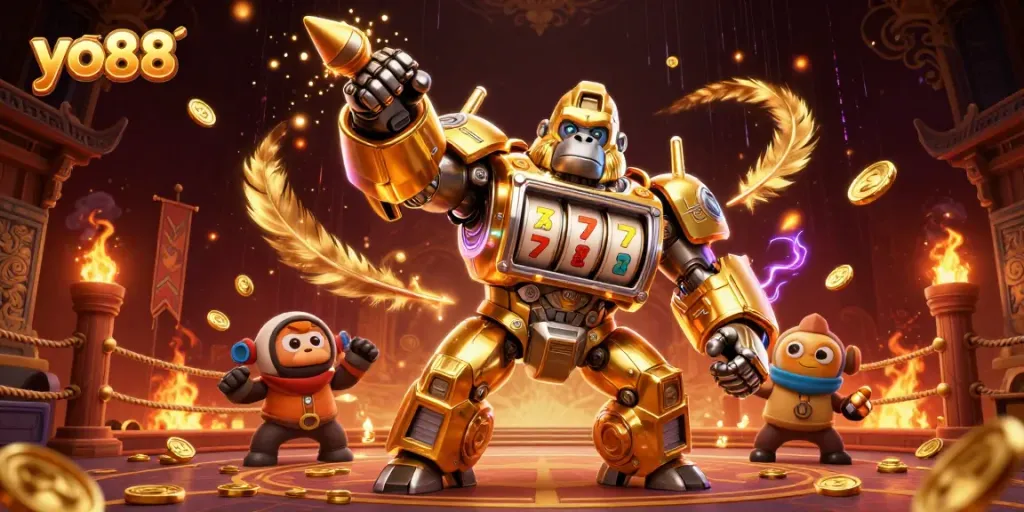 Experience high-stakes excitement in yo88 as the golden gorilla mech collides with vibrant casino elements.