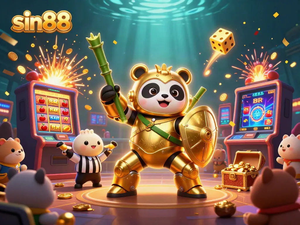 Experience thrilling sin88 gameplay with an energetic arena scene featuring a golden panda and exciting casino elements.
