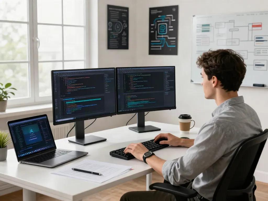 Developer coding in modern workspace, showcasing LLM API provider integration.