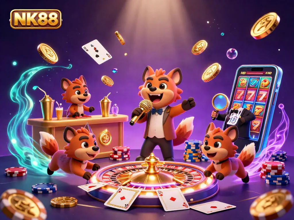 Engage with NK88 at this lively comedy casino scene featuring hyenas in vibrant roles.