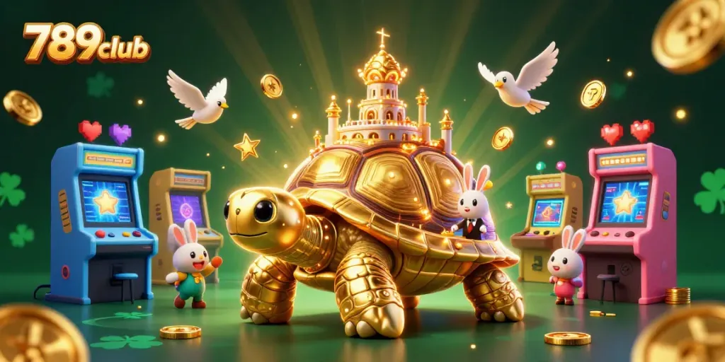 Win big at 789club's vibrant casino scene featuring a tortoise with a casino palace!