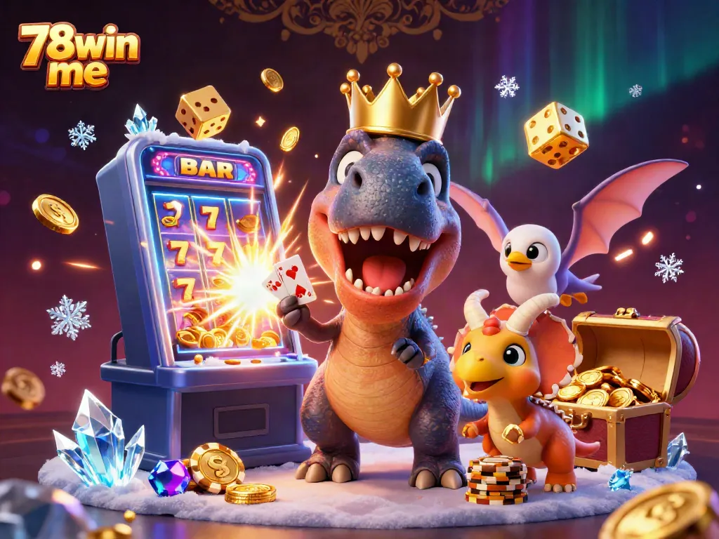 Engage with thrilling casino action at 78win me featuring a playful T-Rex, cards, and gold chips!