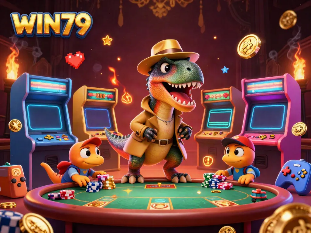 Win79 entertains players with a 3D velociraptor at a poker table, thrilling casino scene.
