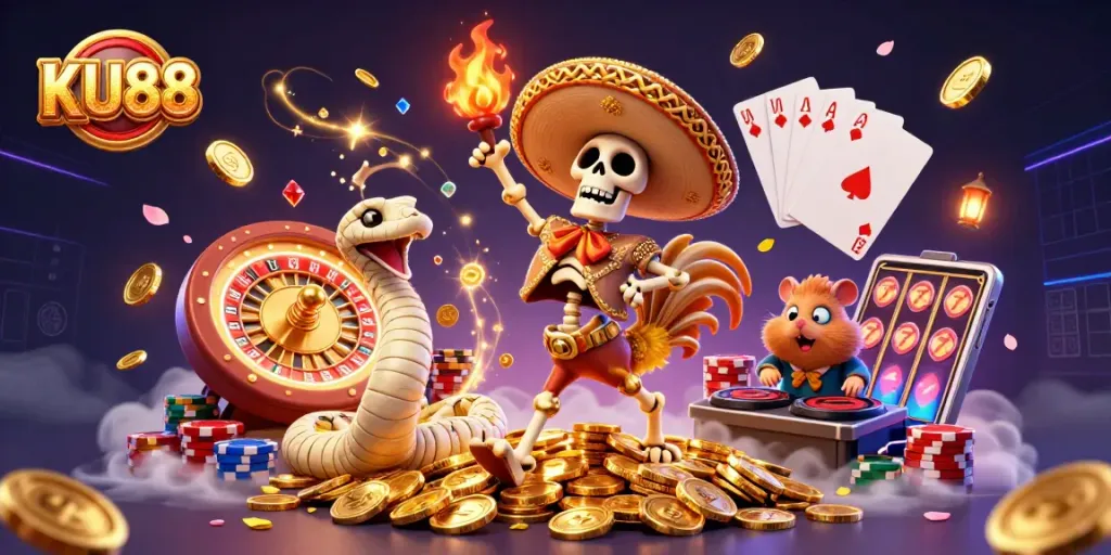 Celebrate winnings with KU88 in an exhilarating 3D casino scene featuring vibrant characters and gaming elements.