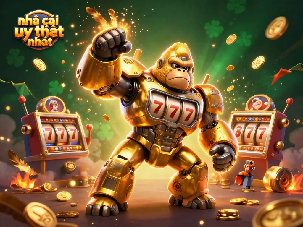 Engage with top-tier nhà cái uy tín nhất featuring a dynamic golden gorilla mech and thrilling casino elements.