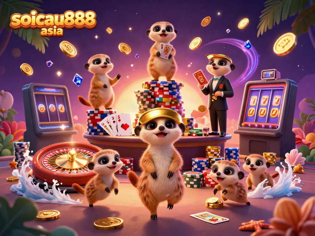 Join the fun at soicau888 asia with lively meerkats celebrating casino success amid coins and jackpots.