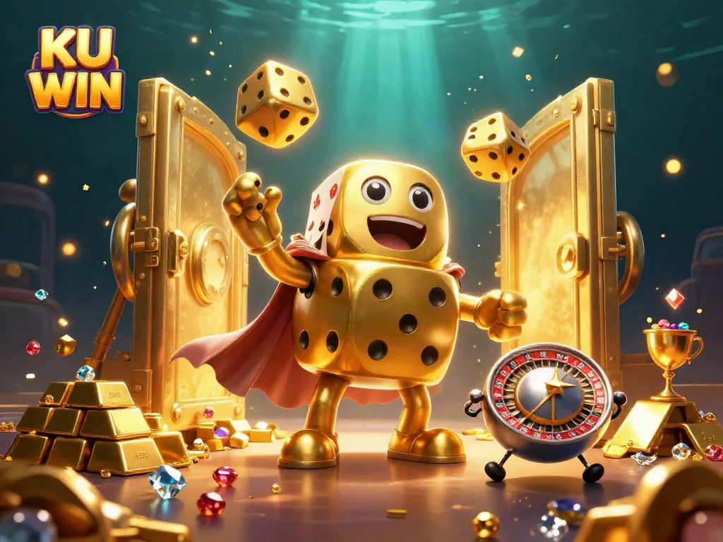 Unleash winning potential with KU WIN's golden dice golem in a vibrant casino scene.