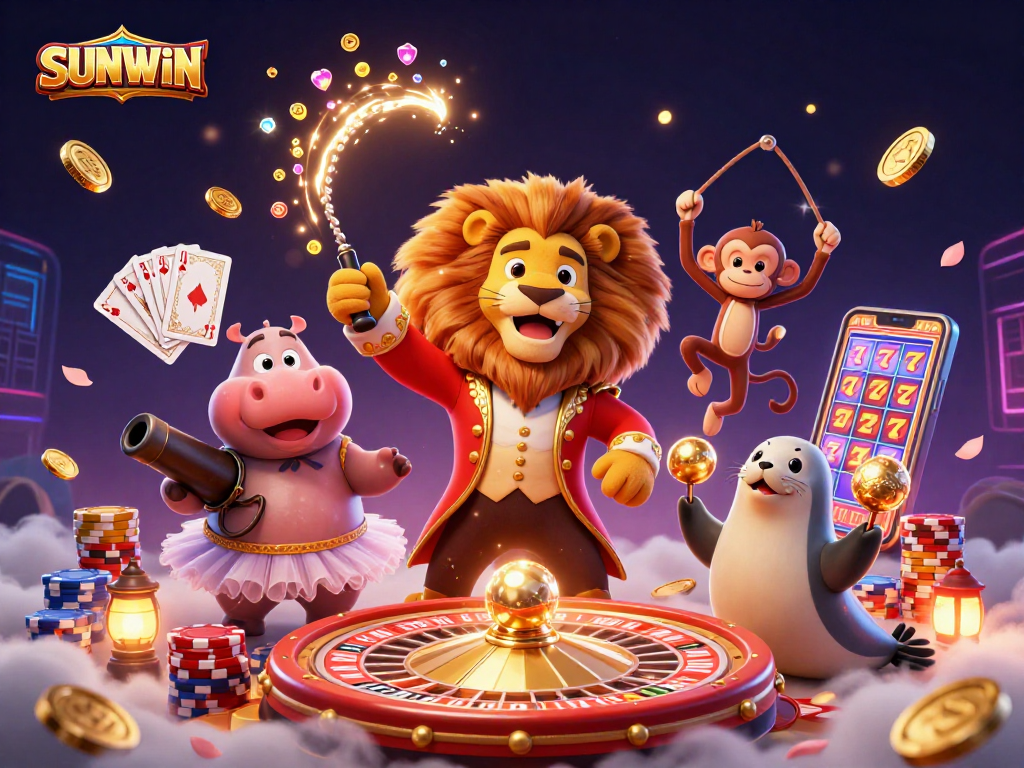 SUNWIN showcases epic winnings with a lively casino scene featuring circus characters and dynamic game elements.