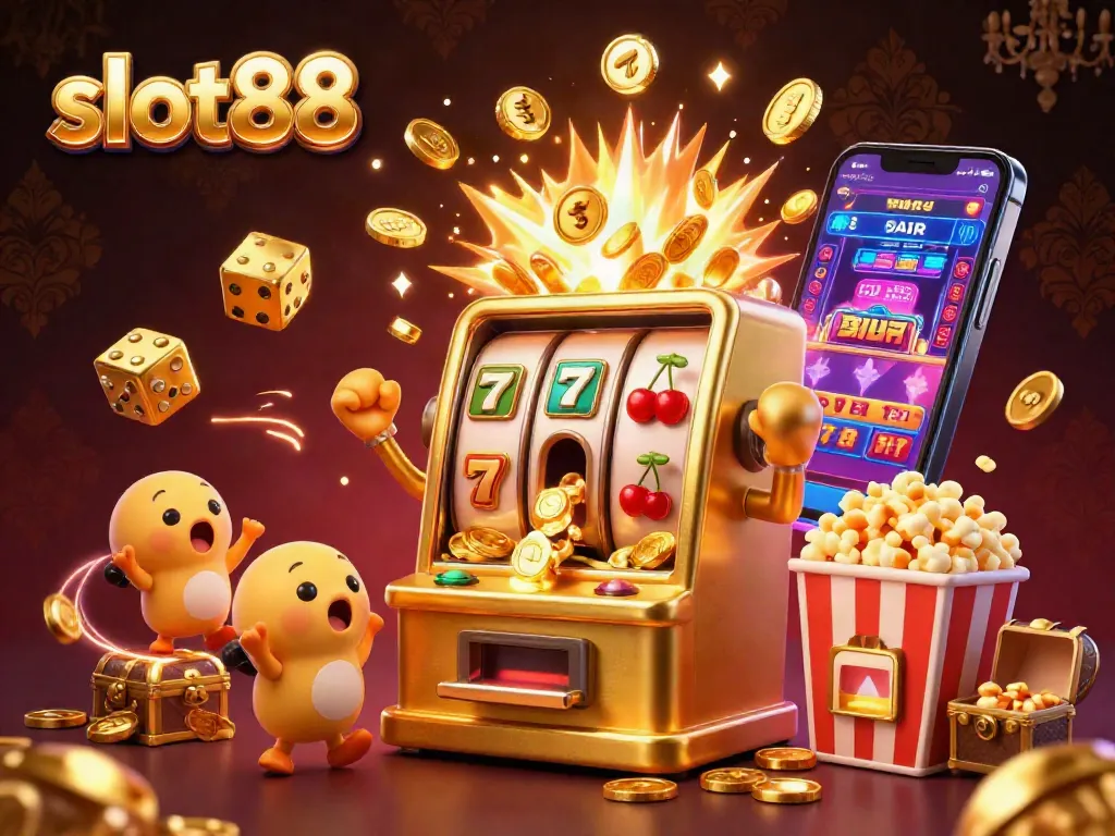 Engage in exciting slot88 action as golden slot machines celebrate a jackpot explosion with coins and symbols.