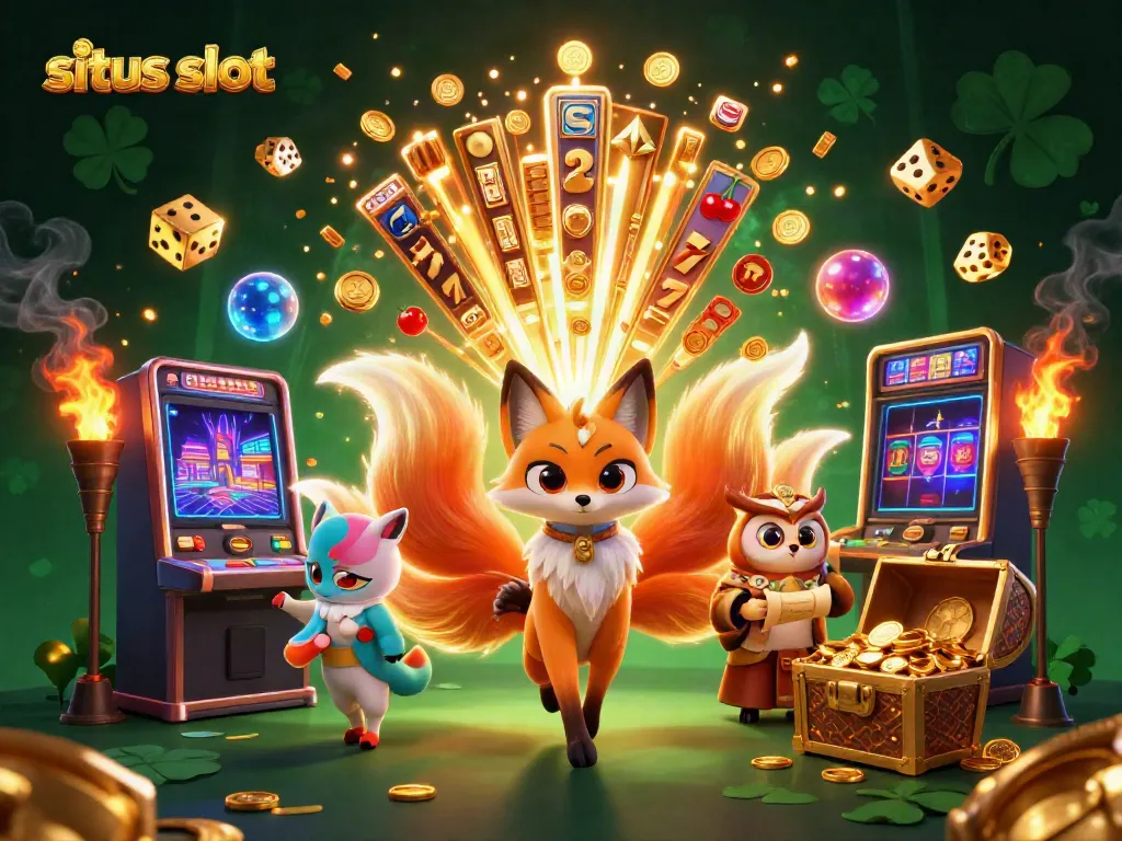 Engage with situs slot games featuring vibrant characters and exciting jackpots in a dynamic casino scene.
