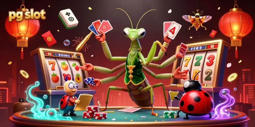 Engage with the vibrant pg slot scene featuring a giant praying mantis and ladybug pit boss amid dynamic gaming elements.