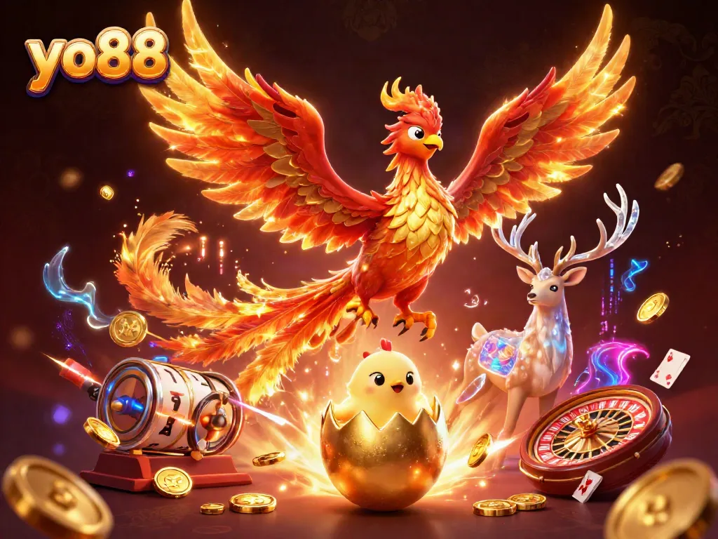 Experience thrilling wins at yo88 with a dazzling scene of a phoenix and casino excitement.