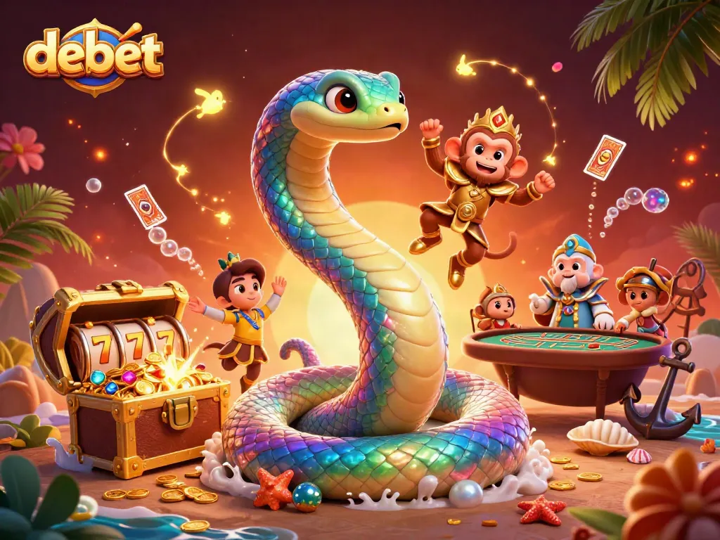 Experience debet's energetic casino atmosphere with vibrant characters, slot reels, and dynamic elements.