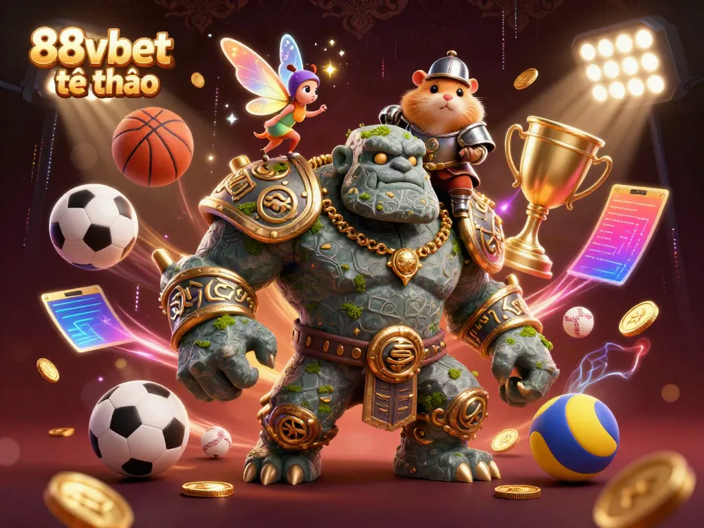 Experience the thrill of 88vbet thể thao with characters amidst flying sports elements and sparkling magic.