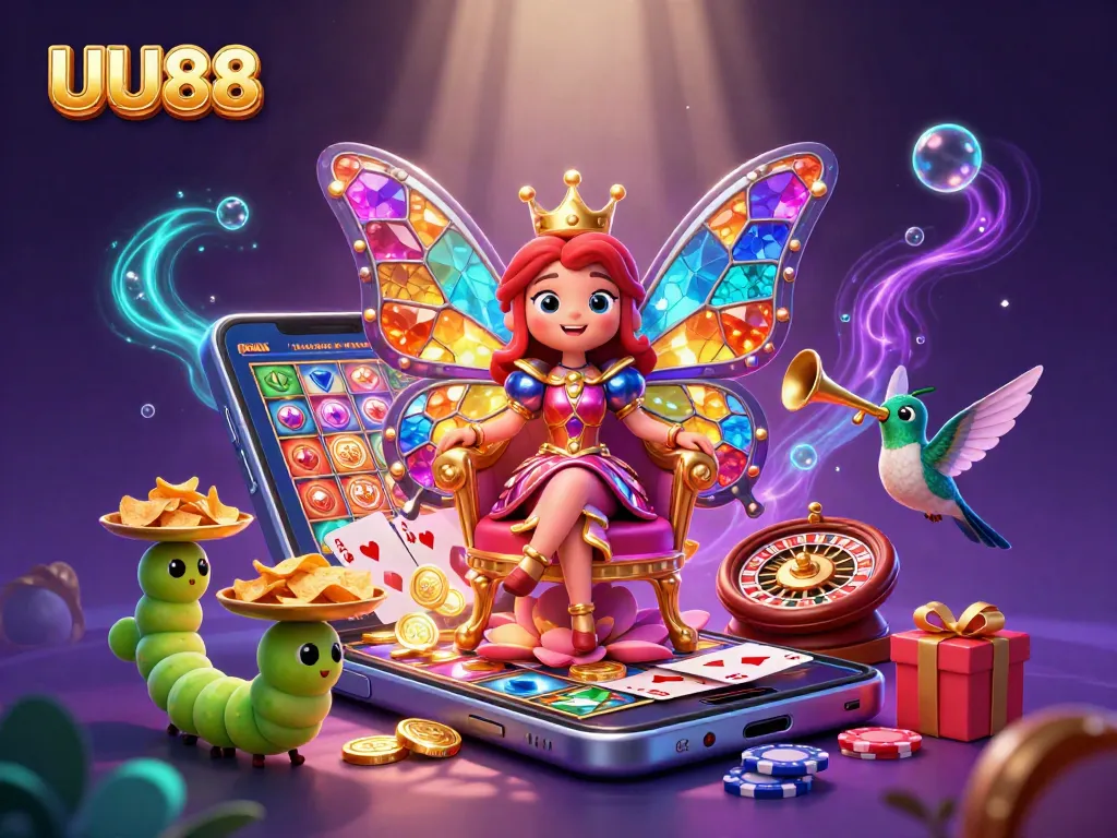 Spin slot games with UU88’s vibrant casino illustration featuring a colorful butterfly queen.