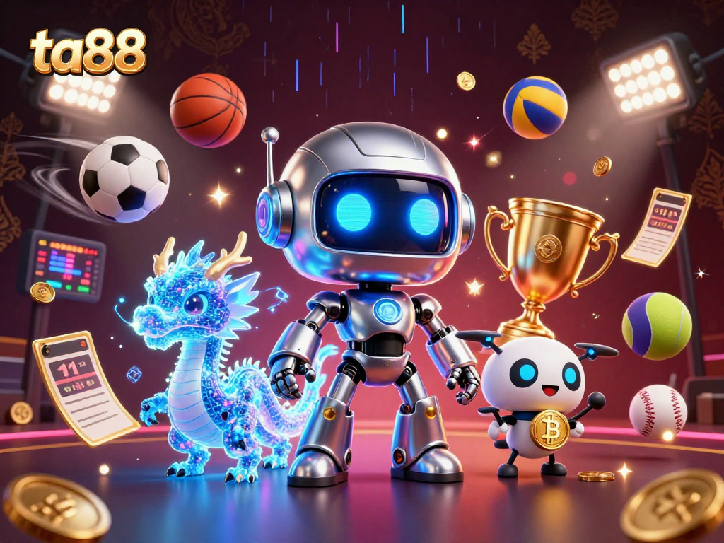 Bet on ta88's dynamic 3D sports scene with a cyberpunk robot and gaming elements.
