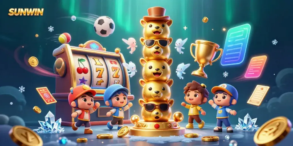 SUNWIN showcases vibrant 3D game elements in an energetic casino scene with a golden totem pole.