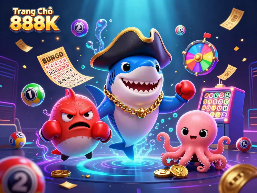 Experience the thrill of gaming at Trang Chủ 888K with colorful lottery elements and vibrant casino characters.