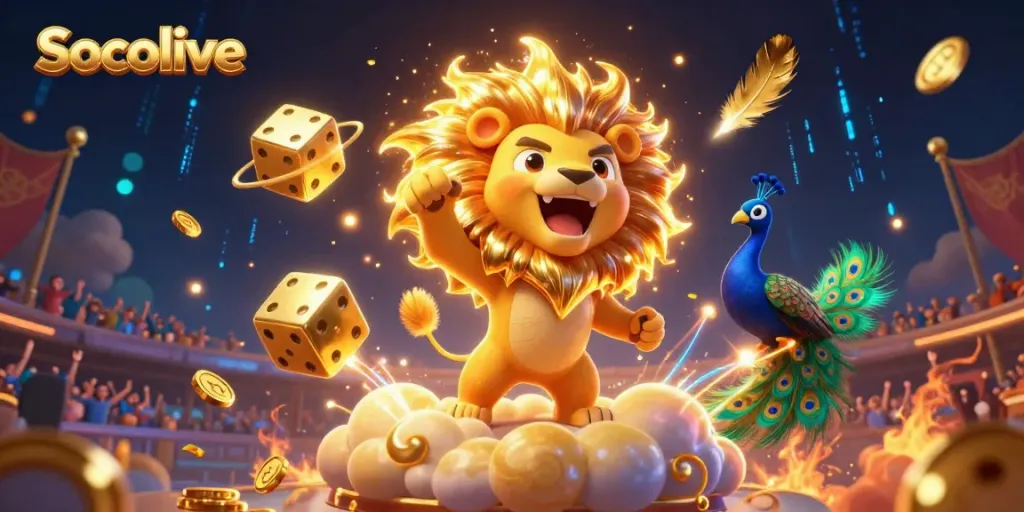 Socolive showcases an energetic scene with a roaring sun lion, golden dice, and brilliant sports betting elements.