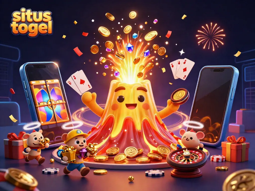 Experience excitement with situs togel as treasure erupts from a jubilant volcano surrounded by playful animals.