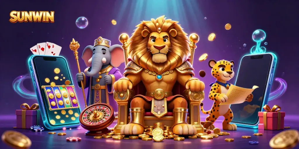 Engage with SUNWIN, featuring a lion king, elephant advisor, and cheetah messenger in a vibrant casino setting.