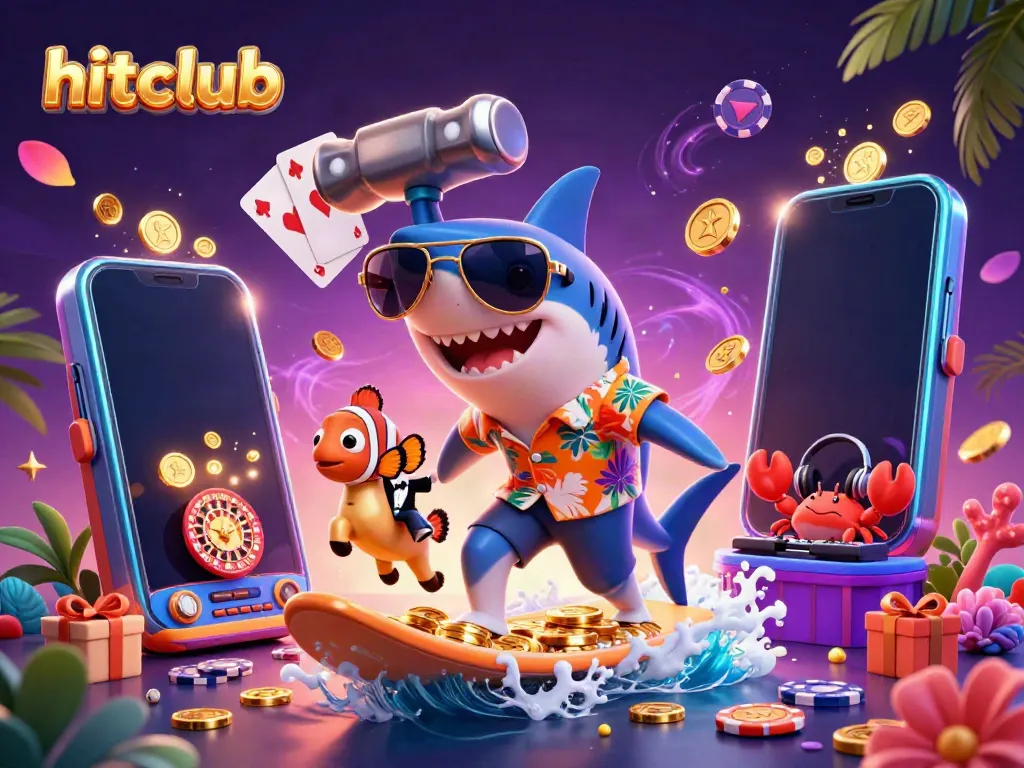 Hitclub engages players with vibrant casino fun, showcasing a shark surfing gold coins amid dynamic game elements.