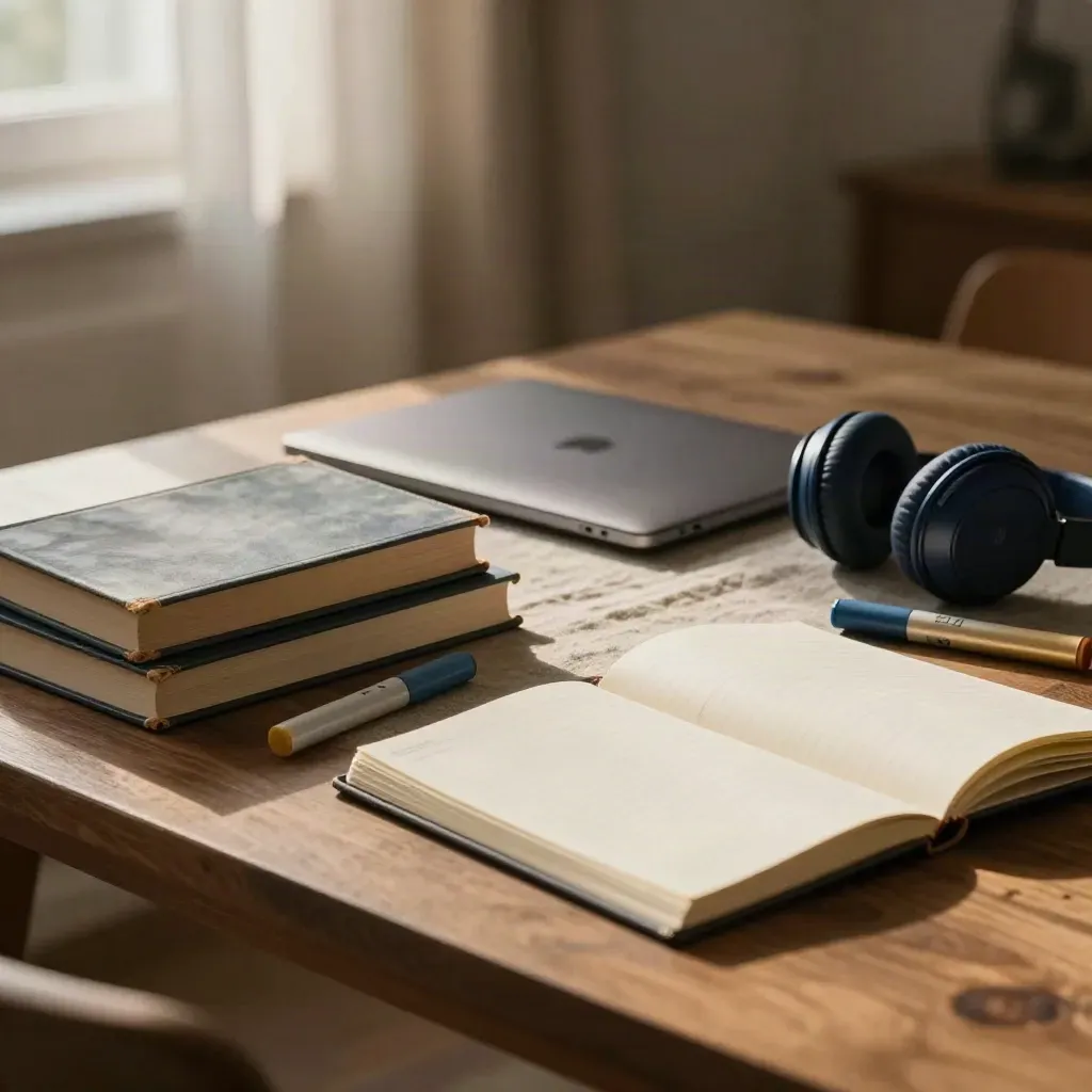 Ciepłe domowe biurko do kursu maturalnego: książki, laptop, słuchawki, zakreślacze i otwarty notatnik.