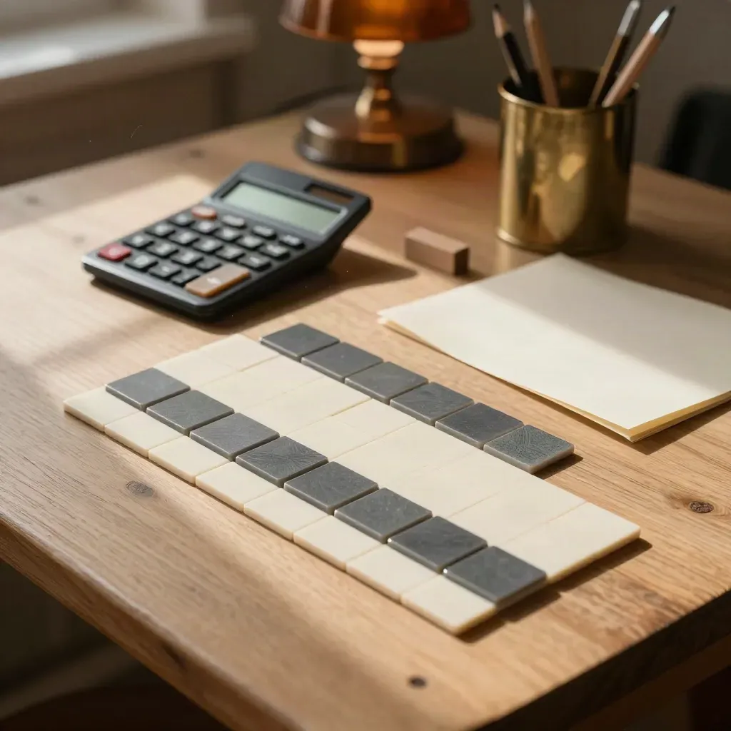 Materiały do korepetycji z matematyki: algebraiczne kafelki, kalkulator i papier milimetrowy na jasnym stole.