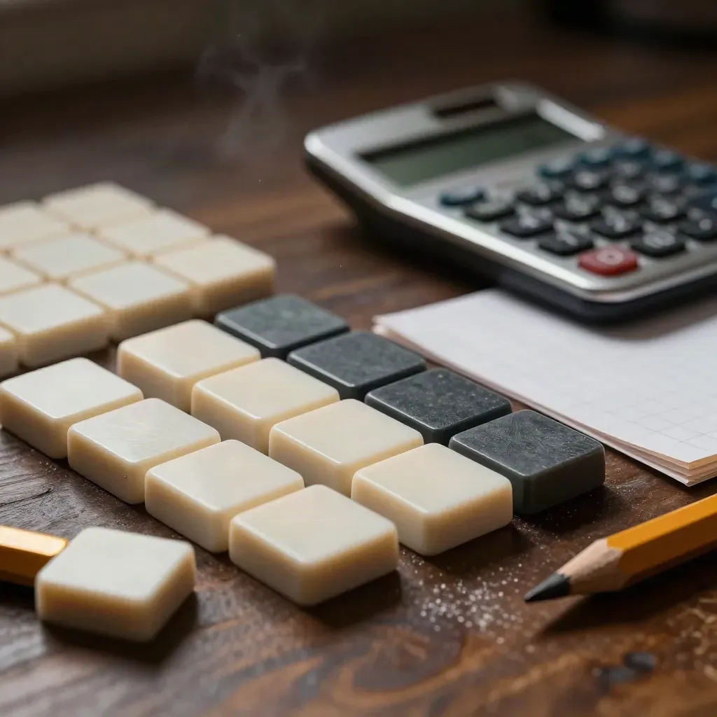 Makro przyborów do matematyki: kostki algebraiczne, kalkulator, kartka i krótki ołówek