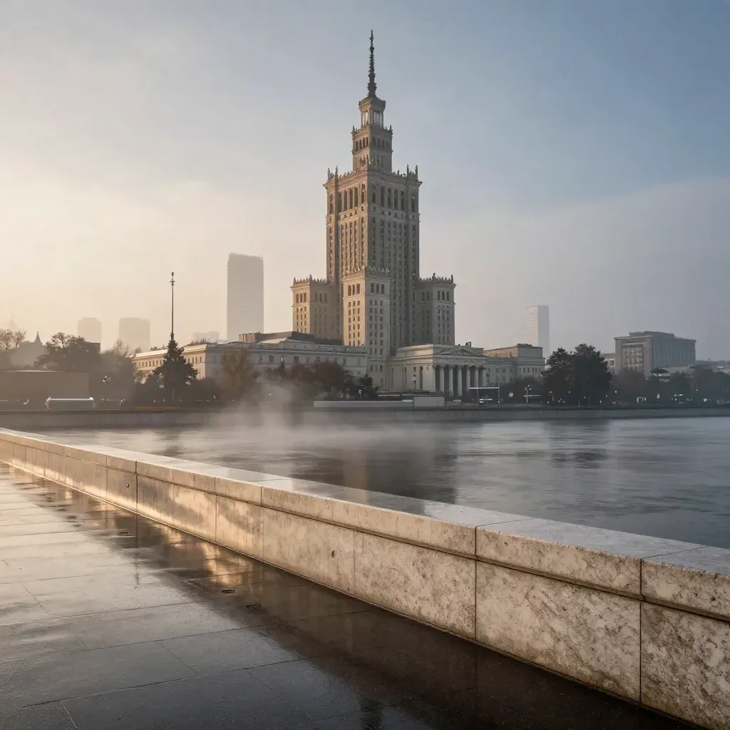 Panorama Warszawy po deszczu, Pałac Kultury nad mglistą Wisłą i niską zabudową