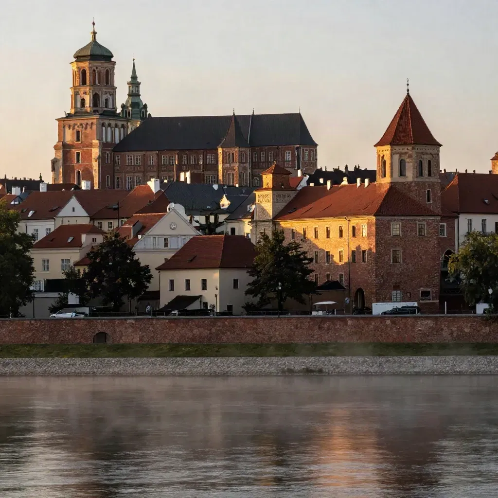 Wawel nad Wisłą o złotej godzinie, z mgłą i spokojną przestrzenią na tekst