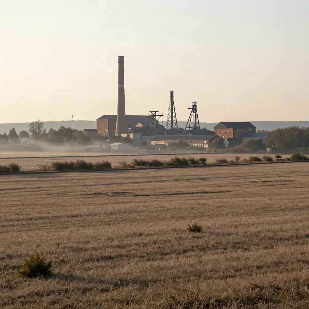 Śląski krajobraz z zielenią i odległą industrialną panoramą, spokojne tło pod tekst.