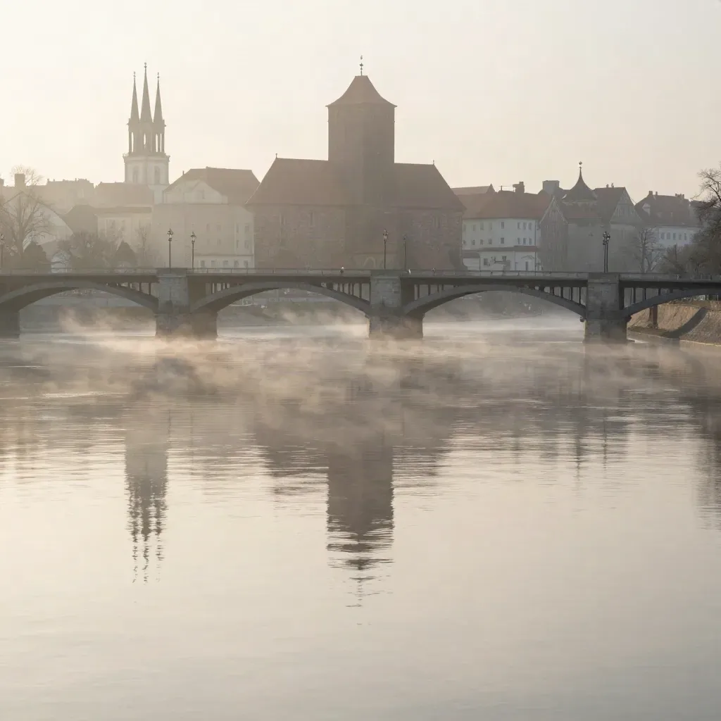 Mosty i wieże Wrocławia odbite w mlecznej wodzie o świcie