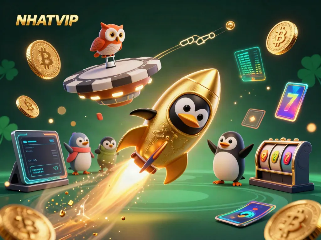 Engage with NHATVIP as a golden penguin blasts through a cosmic casino atmosphere.