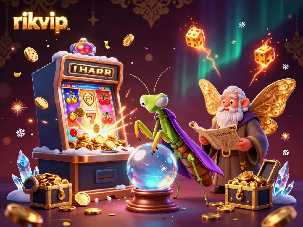 Experience thrilling wins at rikvip with vibrant slot machines and charismatic fortune tellers in a mystical setting.