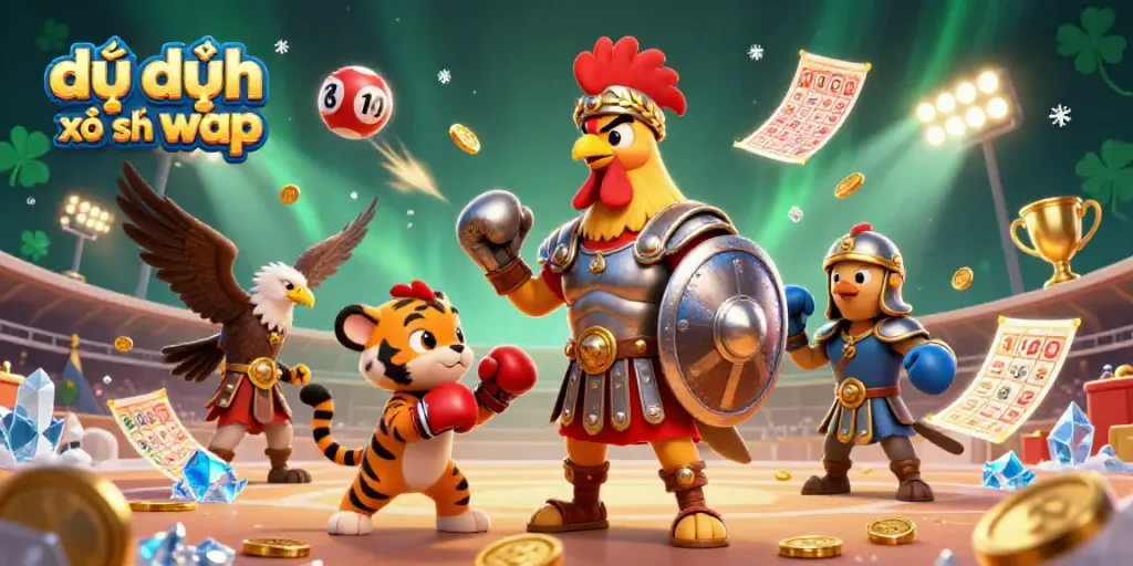 Engage in dự đoán xổ số wap gameplay as a cartoon rooster and tiger spar with lottery elements and sports graphics.