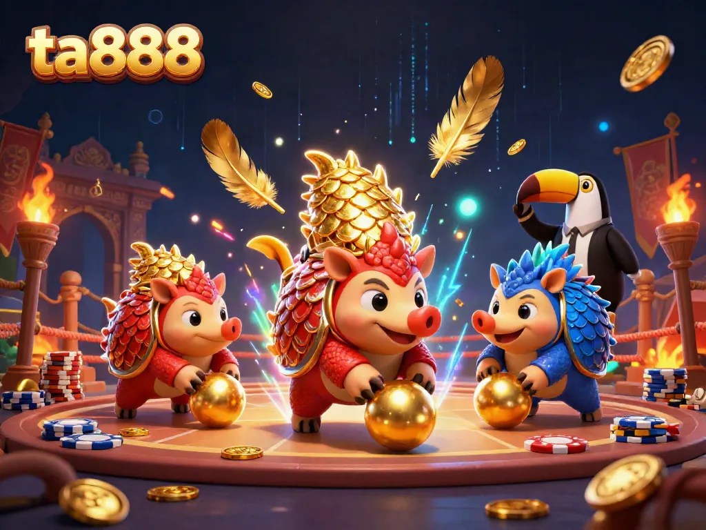 ta888 pangolins compete in a dynamic casino scene with golden chips and vibrant animations.