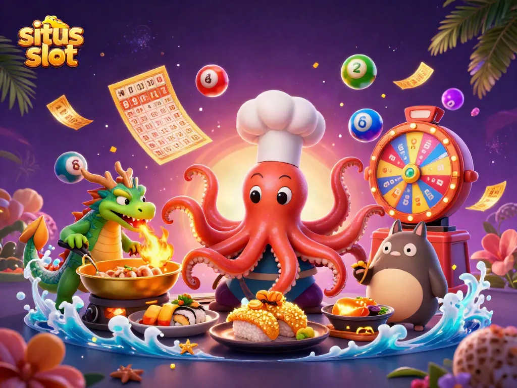Menangkan hadiah besar di situs slot dengan chef sushi kartun, naga, dan pelanggan tanuki yang ceria.