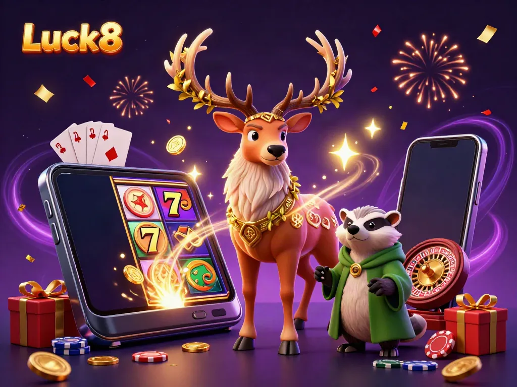 Luck8's vibrant illustration showcases a Celtic stag, a wise badger, and lively gaming elements celebrating online casino excitement.