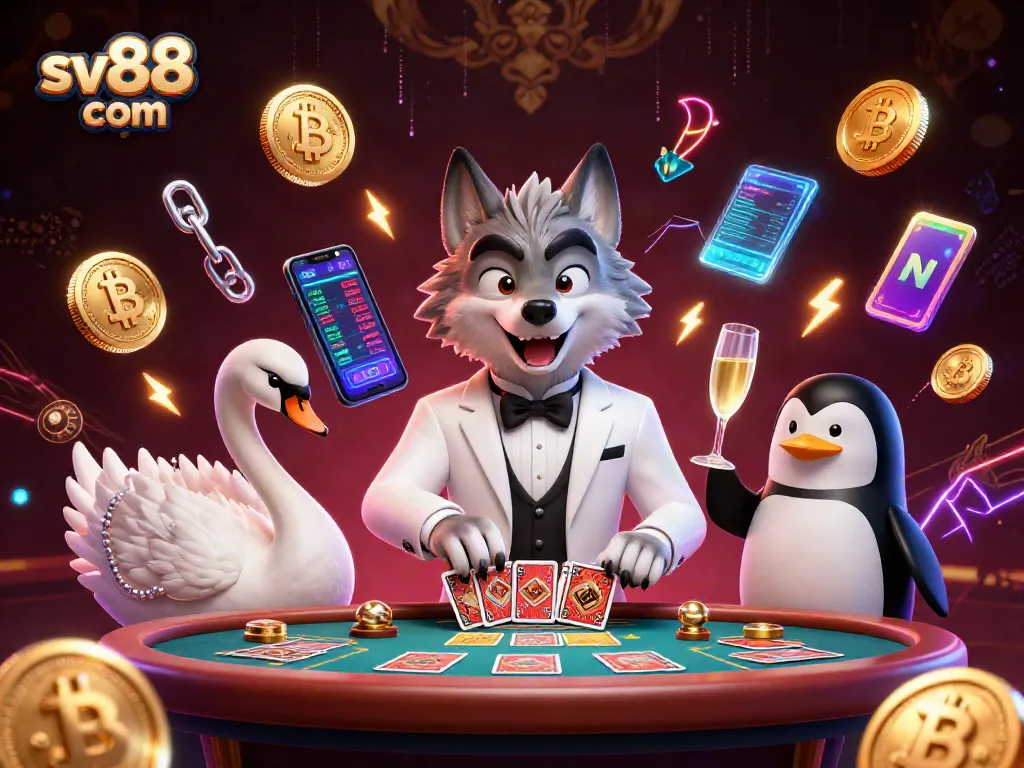 Join the excitement at sv88 com, featuring a dynamic baccarat scene with a debonair wolf, elegant swan, and a penguin sommelier.