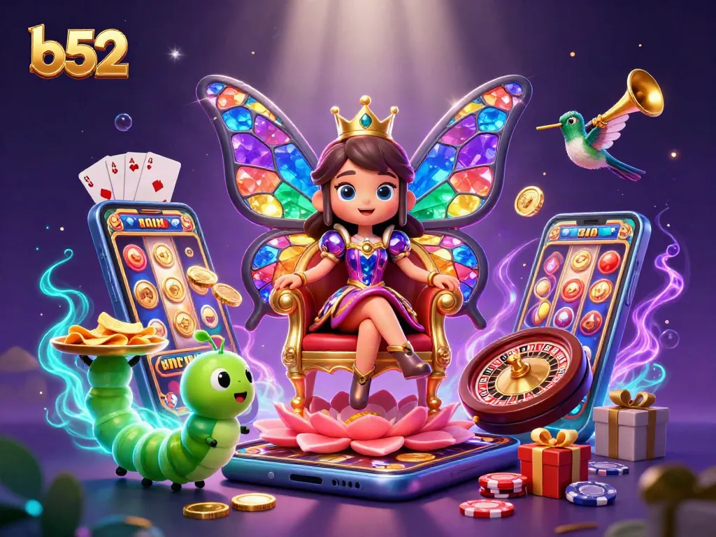 Enter the magical world of b52 with a vibrant butterfly queen and exciting casino elements!