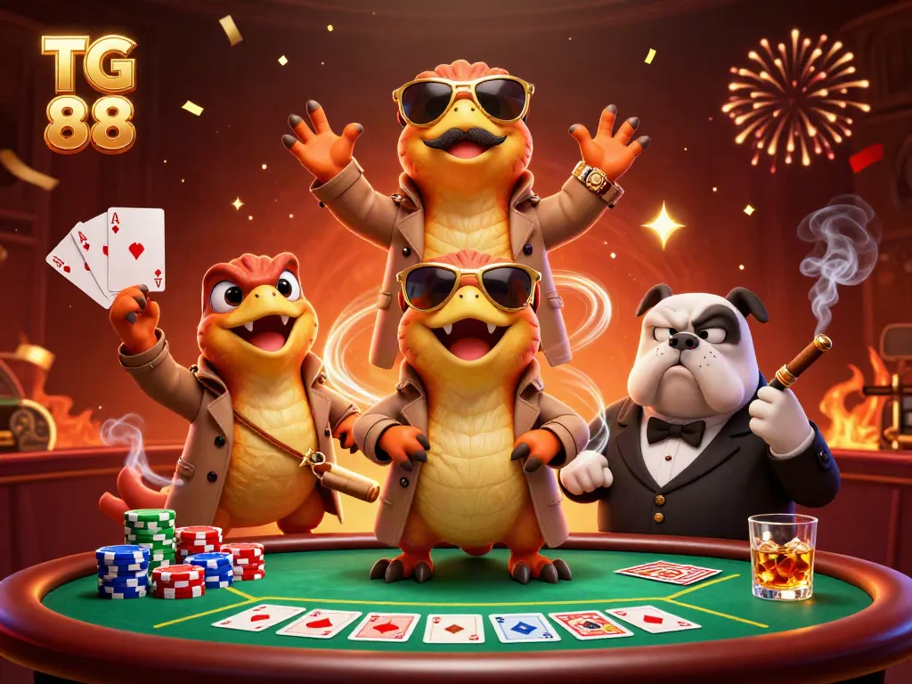 Experience the excitement of TG 88 with vibrant casino action, featuring raptors in a trench coat at a poker table.
