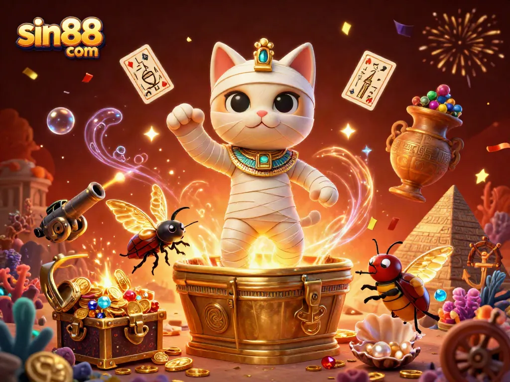 Join the excitement at sin88 com with a vibrant Egyptian-themed casino scene featuring playful characters and treasures.
