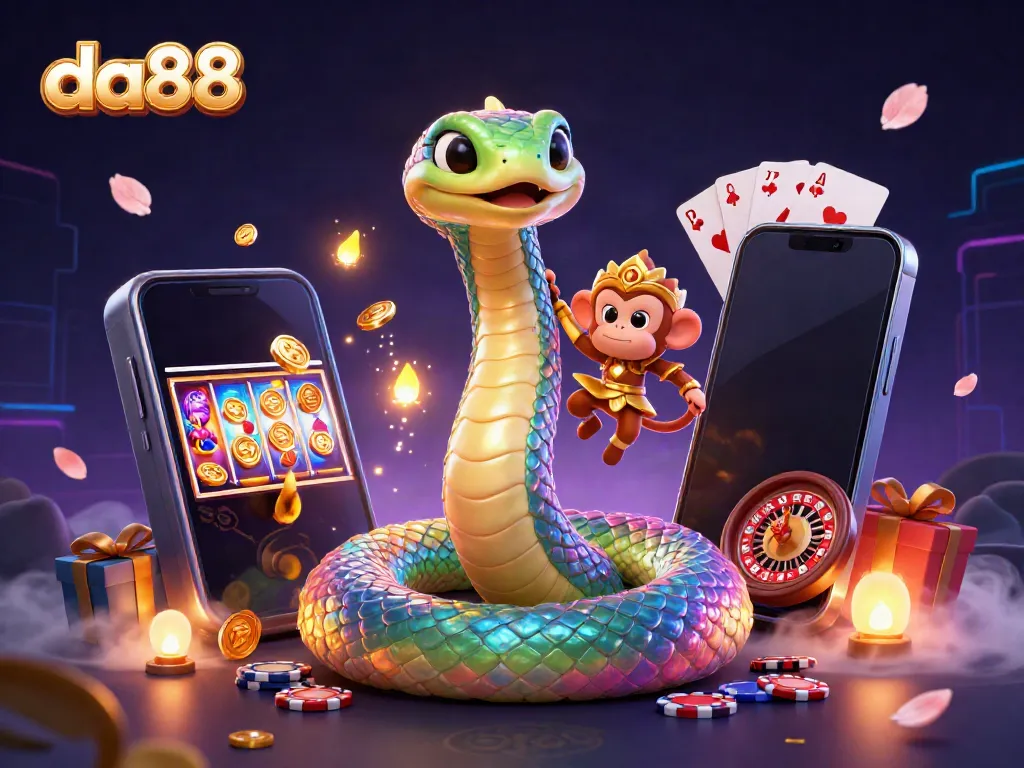Experience the vibrant world of da88 with a playful monkey king and shimmering serpent amid thrilling casino games.