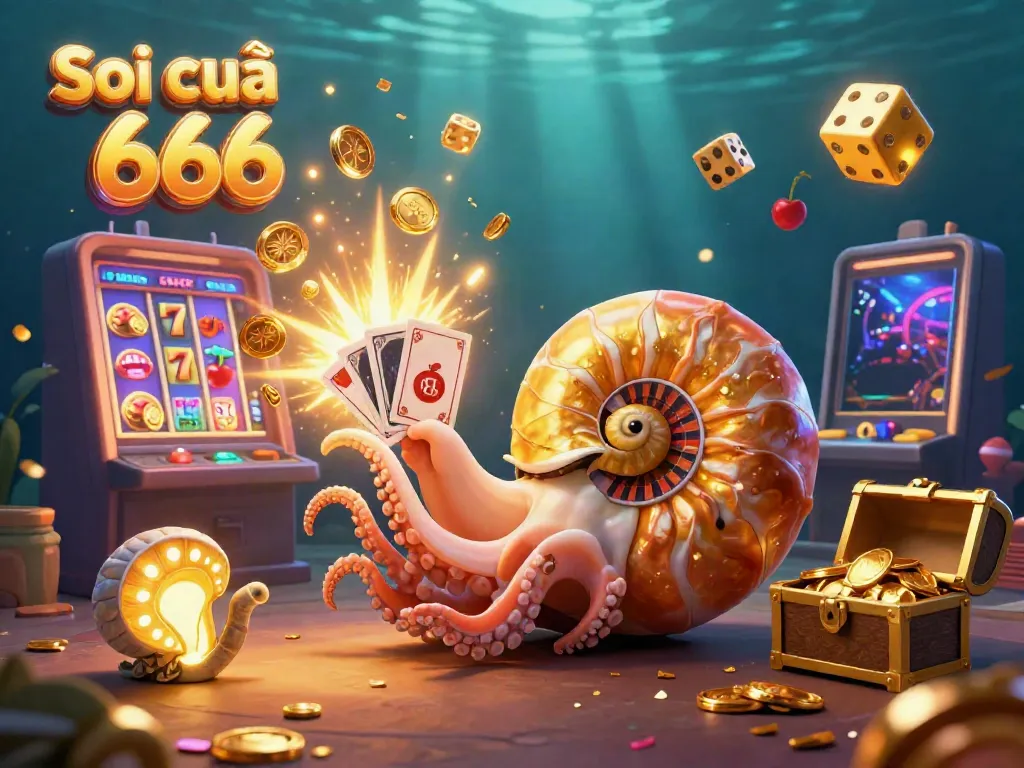 Soi cầu 666 features a giant nautilus roulette wheel in a lively casino scene bursting with gold and excitement.