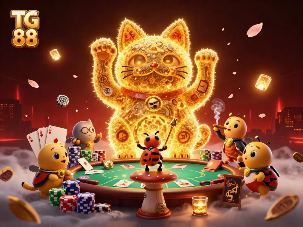 Experience the mesmerizing energy of TG 88 from a giant lucky cat surrounded by casino elements.