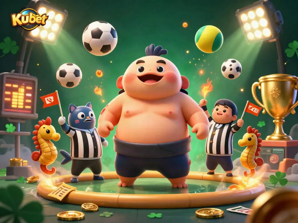 Kubet showcases a dynamic 3D underwater casino scene featuring a blowfish in a sumo belt, sports elements, and vibrant spectators.