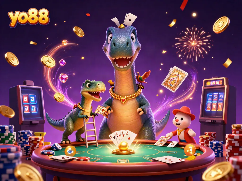Experience the excitement of yo88 with a brontosaurus and clever raptor among casino treasures.
