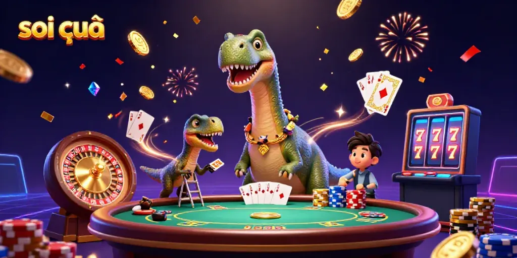 Soi cầu illustration where a giant brontosaurus oversees a lively casino scene with vibrant colors and playful elements.