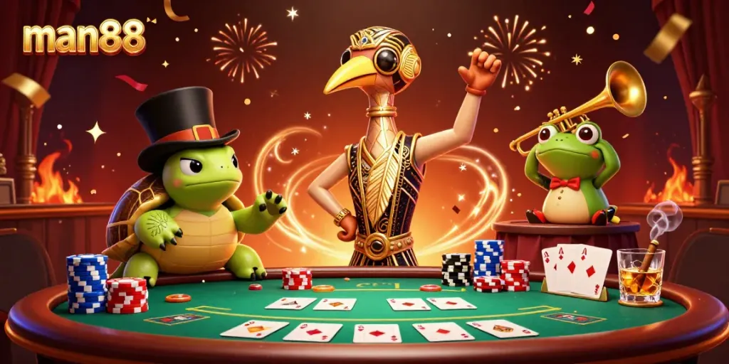 Engage in thrilling action at man88 with vibrant characters and poker elements in a lively casino scene.